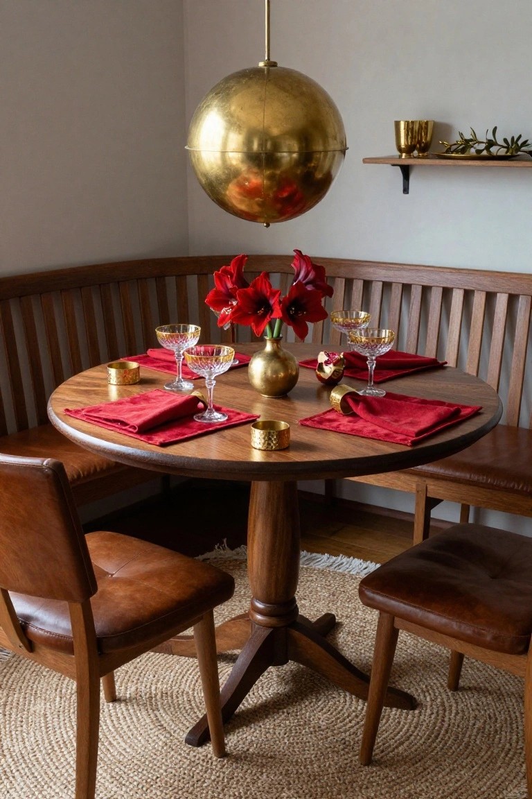 Corner indoor dining nook with wooden bench seating, round wooden pedestal table set for four with red velvet napkins, gold-rimmed glasses, brass vase of red amaryllis flowers, gold accents, leather chairs, brass globe pendant light, and seagrass rug.