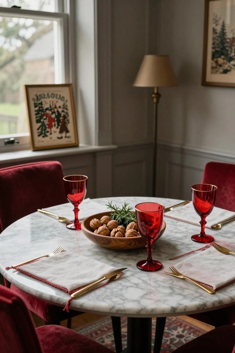 Close-up of a round white marble dining table set for four with red glasses rimmed in gold, gold flatware on white napkins trimmed in red, and a wooden bowl filled with walnuts and rosemary sprigs, surrounded by red upholstered chairs in a paneled room with a lamp and Christmas prints on the walls.