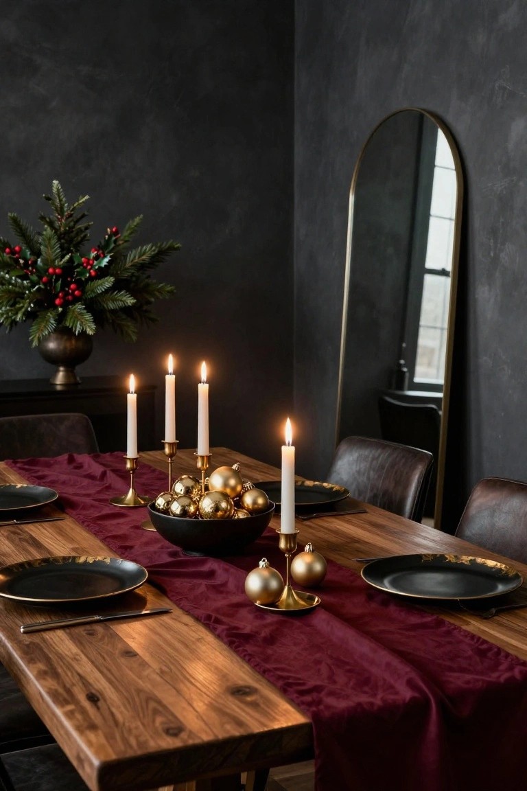 A wooden dining table with a red runner, black bowl of gold Christmas balls, gold candlesticks with white candles, black plates, leather chairs, holly plant in bronze vase, and arched gold mirror on dark textured wall.