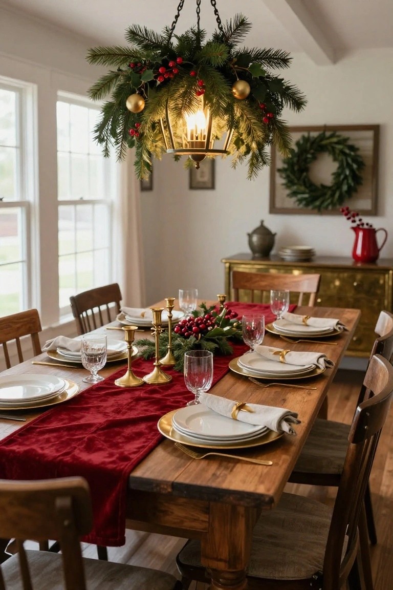 Wooden dining table in a light-filled room set for Christmas dinner with red velvet runner, gold charger plates, crystal glassware, gold candlesticks, holly centerpiece, and holiday garland on overhead lantern chandelier.