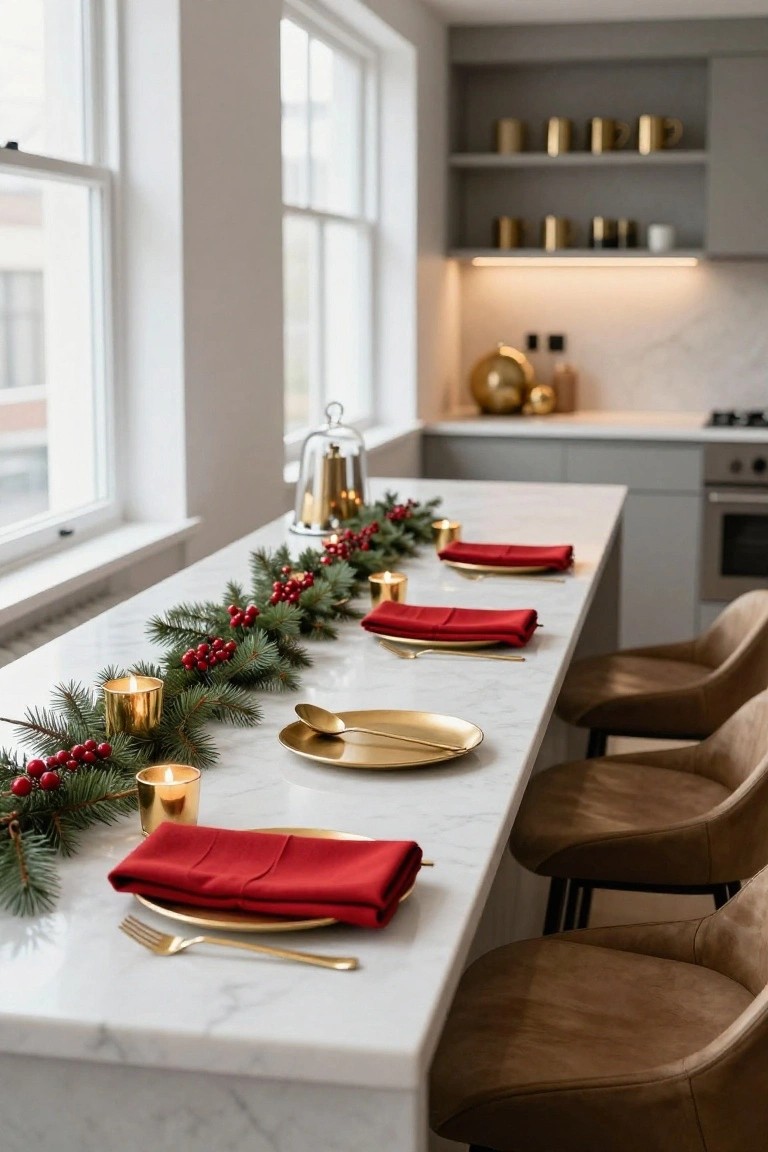 White marble kitchen island set for Christmas dinner with green fir garland runner, red berries, gold votive candles, red folded napkins, gold plates and flatware, and tan leather bar stools.