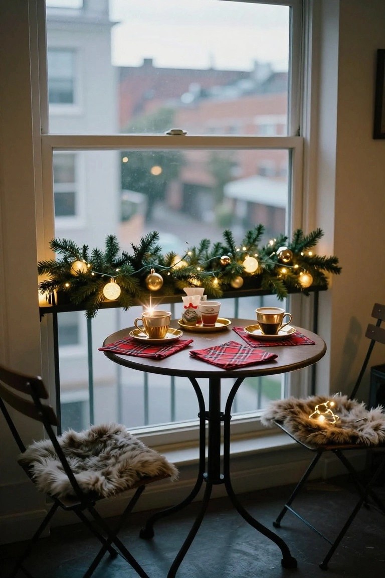 Small round wooden table with red plaid napkins, gold cups of coffee, candles, and small dishes positioned by a large window with evergreen garland, gold ornaments, and string lights on the sill, two chairs with sheepskin pads nearby.