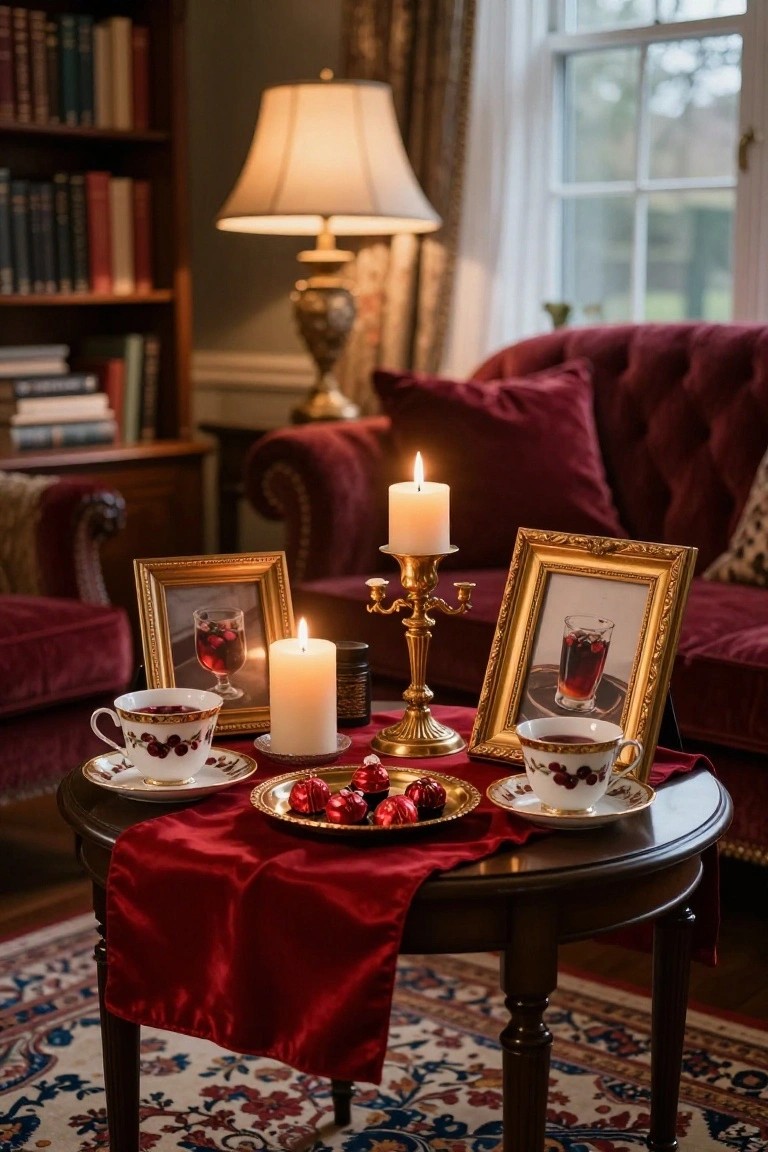 Round wooden table in a library room draped with red velvet runner, topped with gold trays holding red Christmas ornaments, white candles, gold candelabra, two floral-patterned teacups filled with red liquid, and two gold-framed photos of similar drinks, flanked by red velvet armchairs and bookshelves.