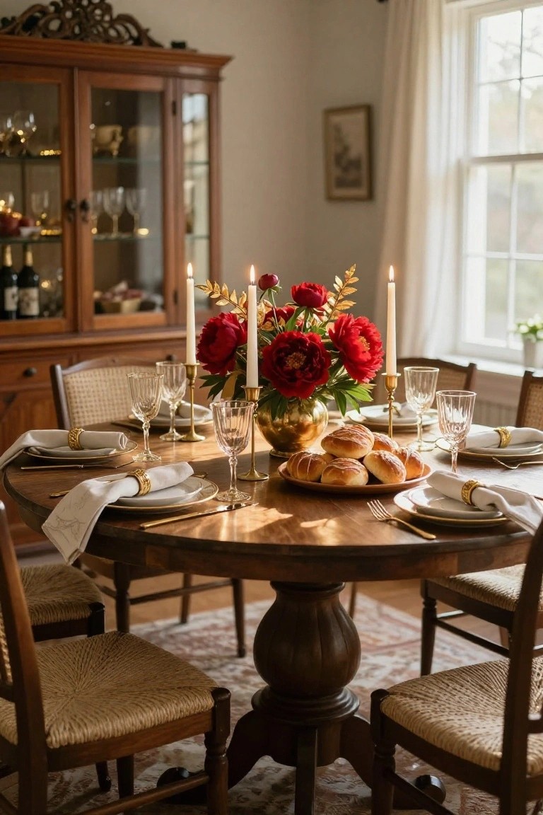 A wooden round dining table set for a meal with a tall bouquet of red peonies in a gold vase at center, surrounded by white candles in gold holders, gold-rimmed plates with napkins, glasses, and a platter of bread rolls, next to a wooden curio cabinet in a light-filled room.