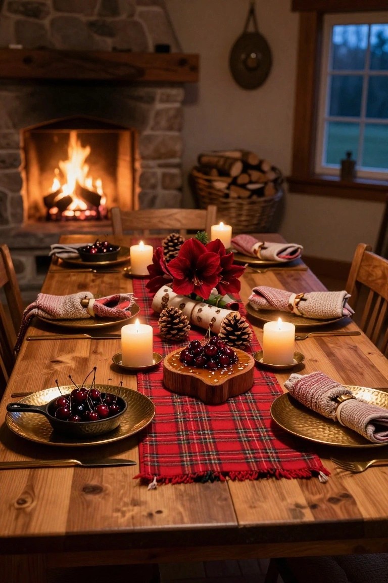Rustic wood dining table in a stone-walled room with fireplace, set for Christmas using red plaid runner, gold hammered plates and dishes holding cherries, white pillar candles, poinsettias, pinecones, and plaid napkins.