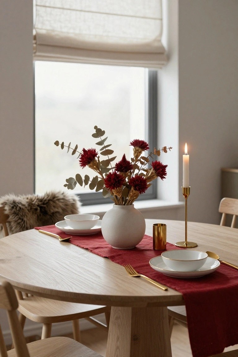 Round light wood dining table with red runner, set for two with white bowls and plates, gold flatware, white vase of red flowers and eucalyptus leaves, lit white candle on gold holder, beside window with sheer blinds and two wood chairs.