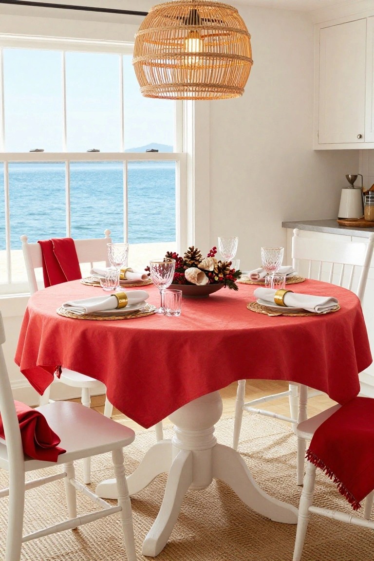 Round white pedestal dining table draped in red tablecloth, set with white plates, gold napkin rings, crystal glasses, pine cone centerpiece, and ocean view through large windows in a white kitchen.