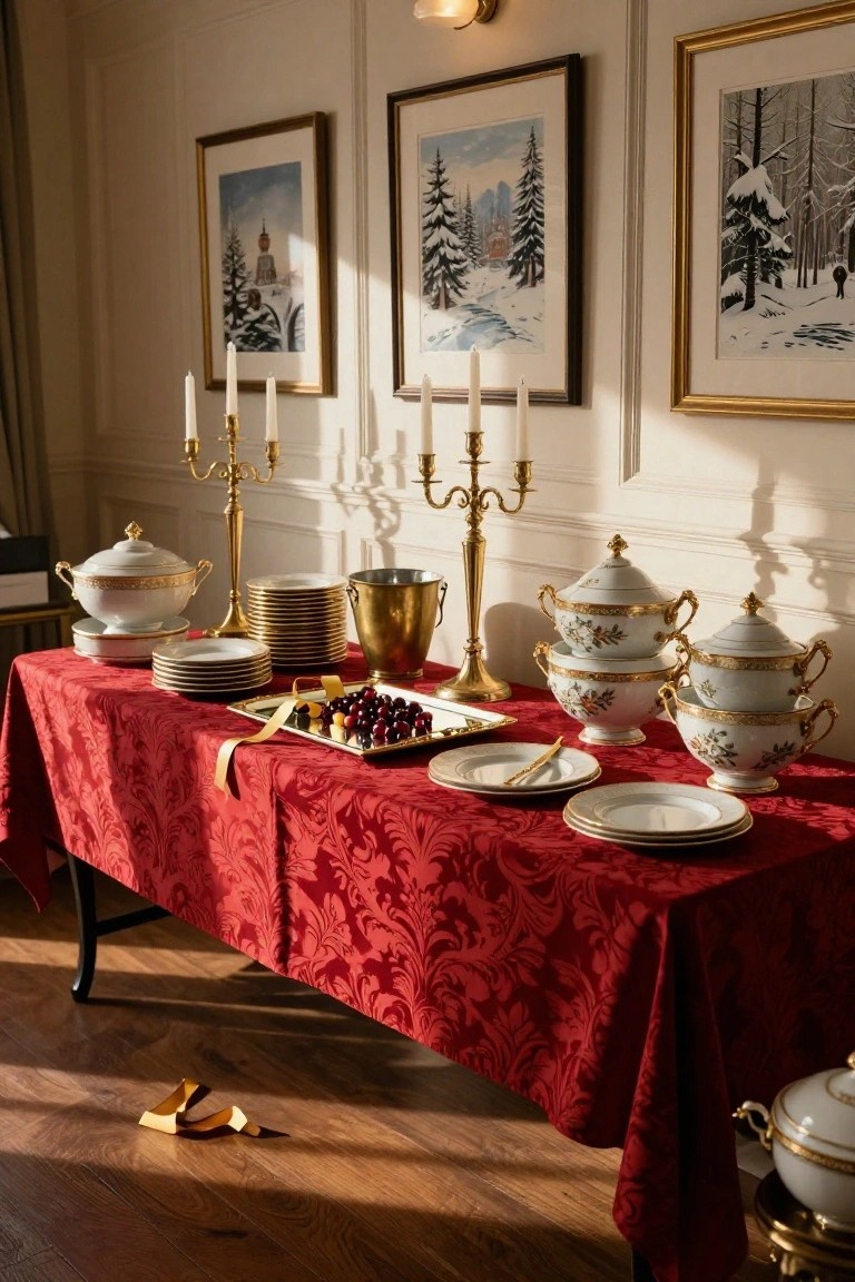 A red damask-covered table in an elegant room holds multiple stacked white porcelain tureens with gold rims and handles, gold candelabras, brass ice bucket, plates, and grapes.