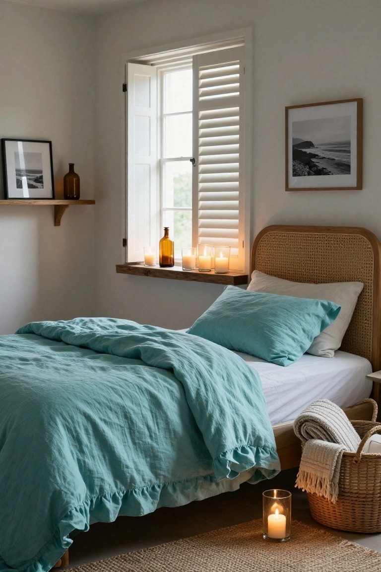 A cozy bedroom with rattan headboard bed draped in teal linen bedding, multiple lit candles on a wooden windowsill shelf beside amber glass bottles and framed black-and-white photos, a floor candle next to a wicker basket of throws, and seagrass rug.