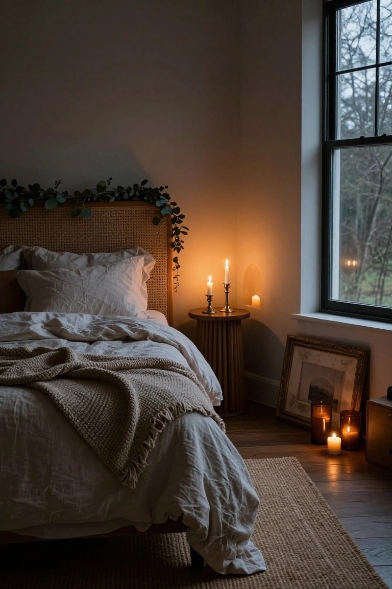 Cozy bedroom corner featuring a rattan headboard draped with eucalyptus leaves, white rumpled sheets and pillows on the bed, a drum-shaped wood nightstand holding a candelabra with lit taper candles, additional pillar candles in glass holders on the floor and nearby shelves, a framed picture on the wall, and a dark window showing trees outside.
