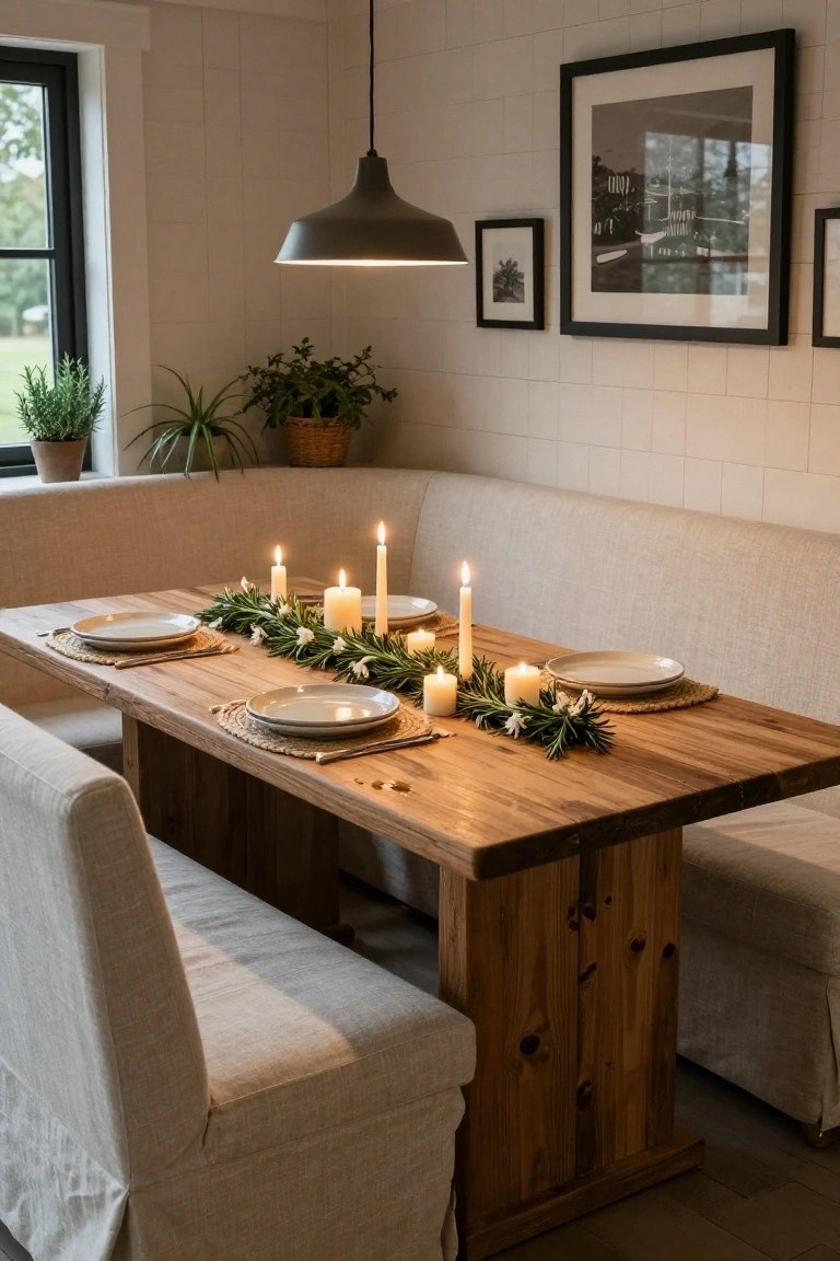 Wooden dining table in a beige banquette nook decorated with a lengthwise rosemary garland interspersed with white candles, neutral plates on seagrass placemats, potted plants nearby, and a pendant light overhead.
