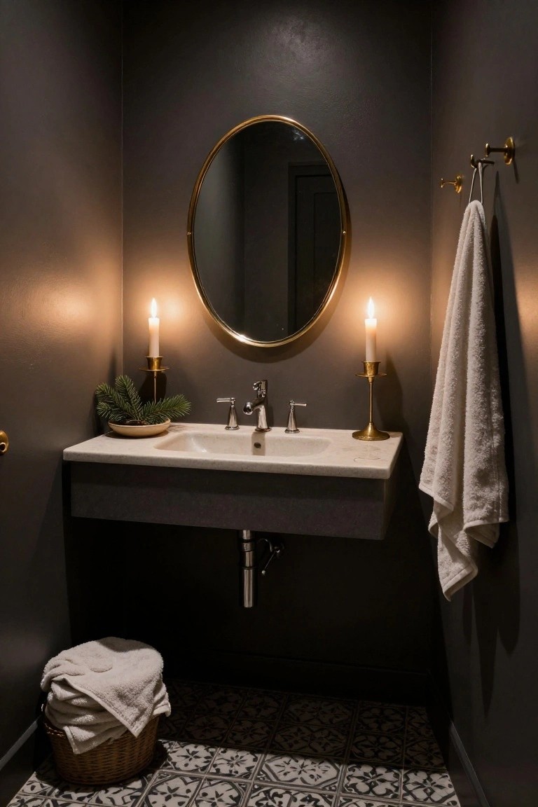 Dark gray powder room with white floating sink, round gold mirror, two burning taper candles on gold candlesticks, fir branch in shallow dish, white towels on hooks and in woven basket, black and white patterned tile floor.