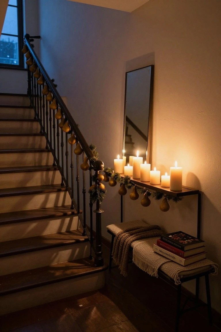 Wooden shelf next to a staircase railing decorated with garland, hanging dried pears, fir branches, and a row of lit pillar candles, with a bench below holding books and a throw blanket.