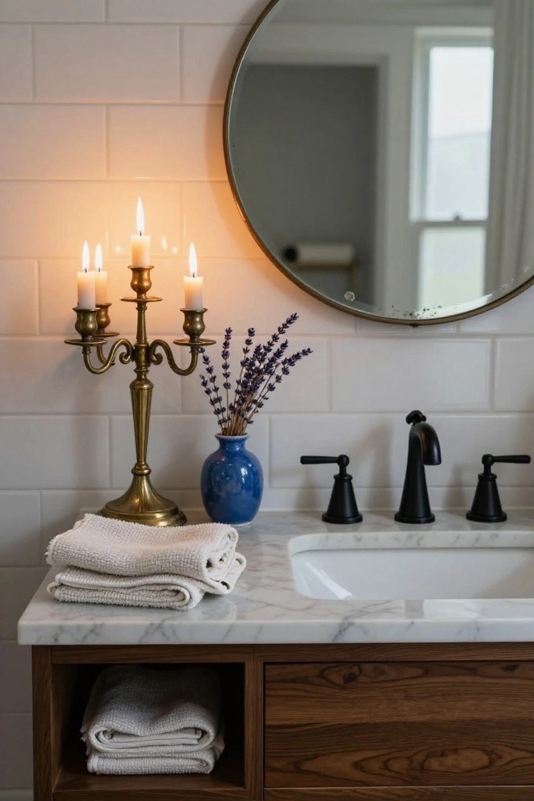 Brass four-arm candelabra with lit white candles on a white marble bathroom vanity next to a blue vase of lavender stems, folded white towels, a round mirror, and black faucet over a white sink with white subway tile walls and wood cabinet below.
