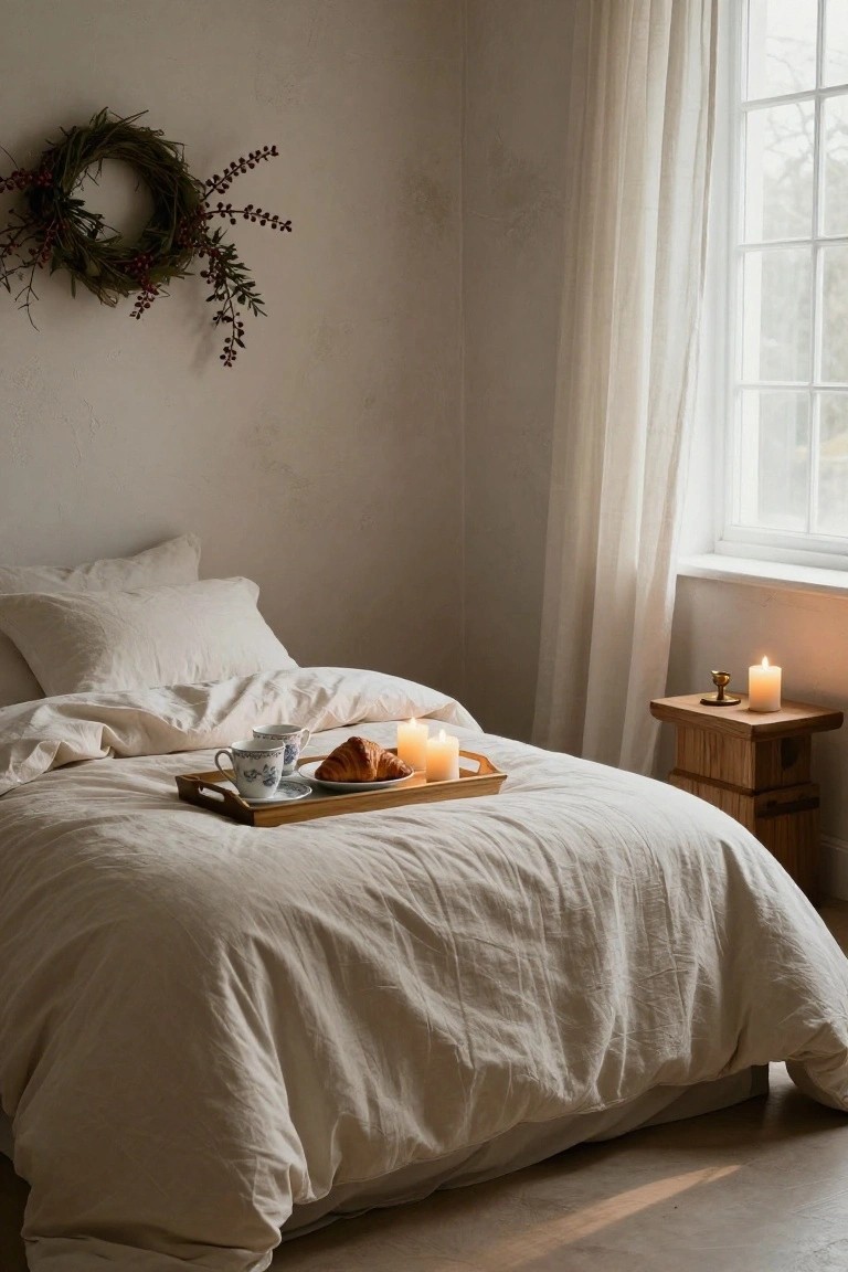 Cozy bedroom featuring a bed with cream bedding, a tray with croissant, and candles.