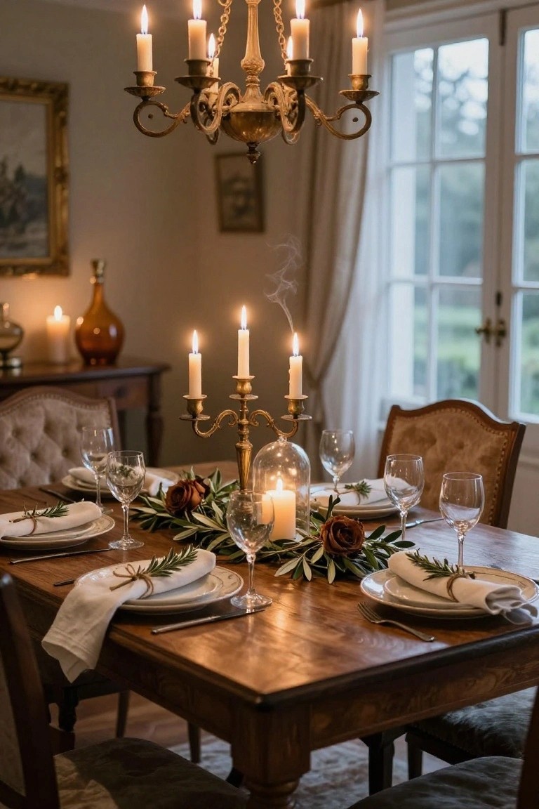 A wooden dining table set for four with white plates, wine glasses, linen napkins tied with rosemary, candles in various holders, a brass candelabra, glass dome candles, and a central garland of olive branches and red roses, lit by a chandelier in a beige-walled room with French doors.