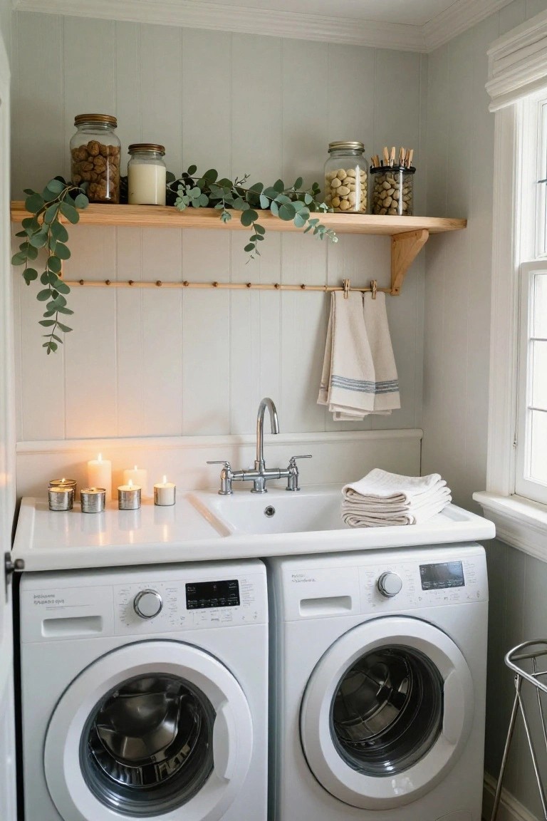 White laundry room with two front-loading washers, double porcelain sink topped with lit candles, wooden shelf holding jars of nuts and milk glass candle with eucalyptus garland, hanging tea towels, and metal laundry basket.