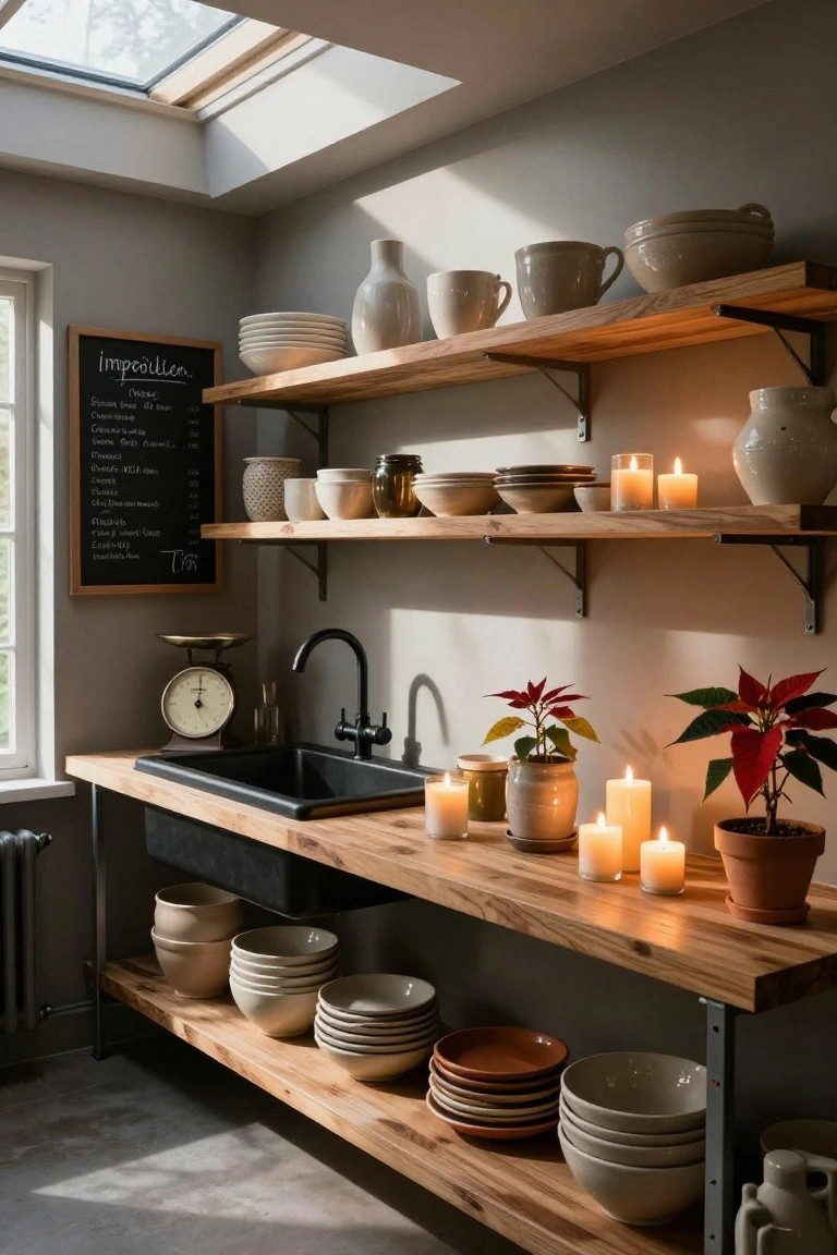 Kitchen with wooden open shelves displaying stacked beige pottery, bowls, mugs, jars, and lit candles, black farmhouse sink on wood counter, poinsettia plants, brass scale, chalkboard menu on gray wall, skylight overhead.