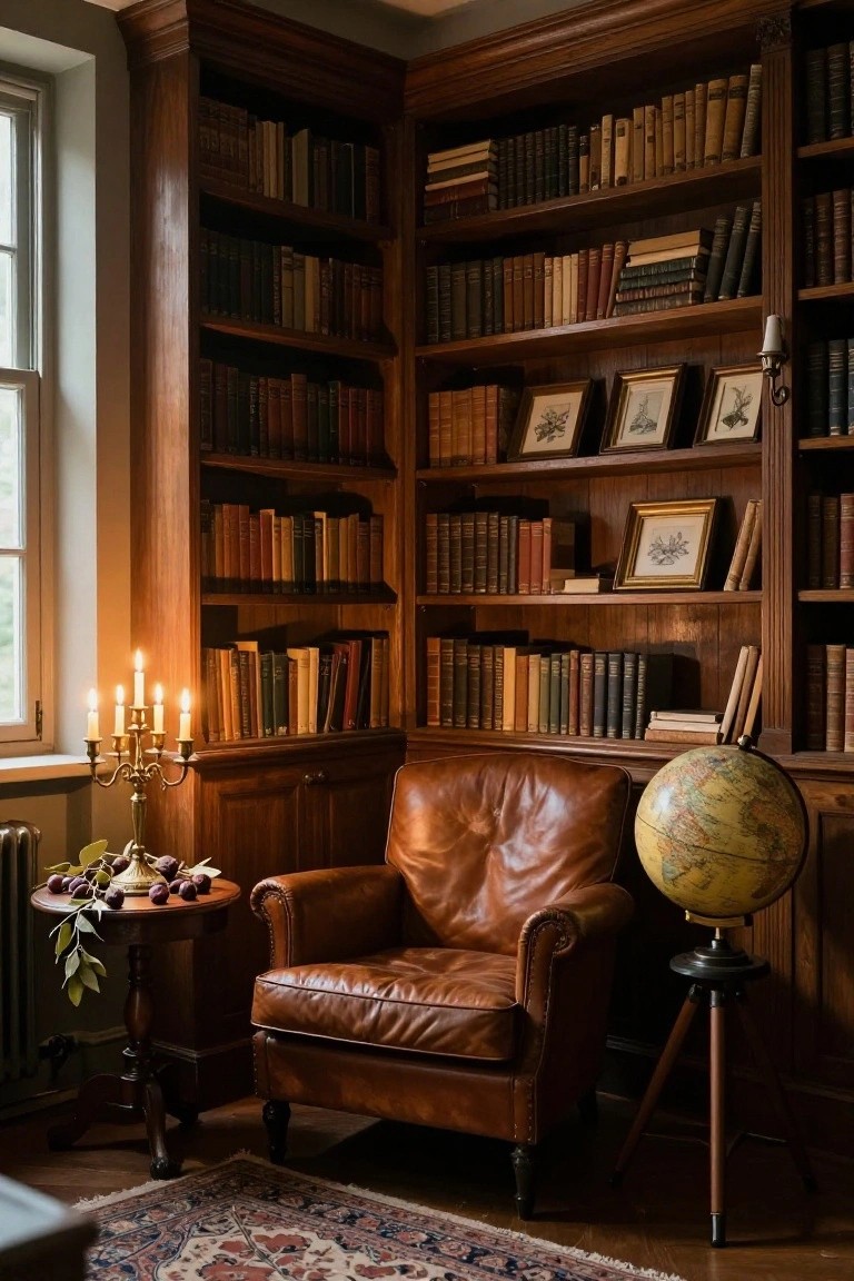 Corner of a wood-paneled library room featuring tall bookshelves filled with books, a brown leather armchair, a lit brass candelabra on a side table with plums, a globe stand, and a patterned rug on the wooden floor.