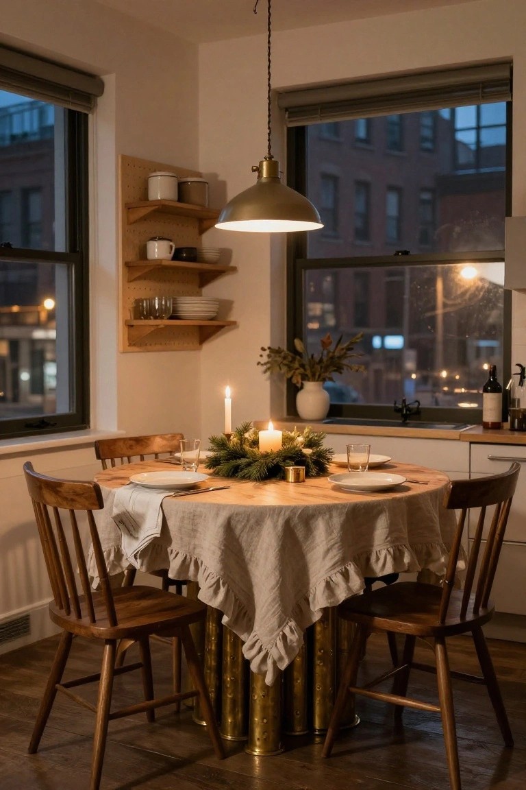 A round wooden dining table in a kitchen corner set with white plates, glasses, utensils, candles, and an evergreen wreath centerpiece on a linen cloth, under a brass pendant light with shelves and nighttime city view through large windows.