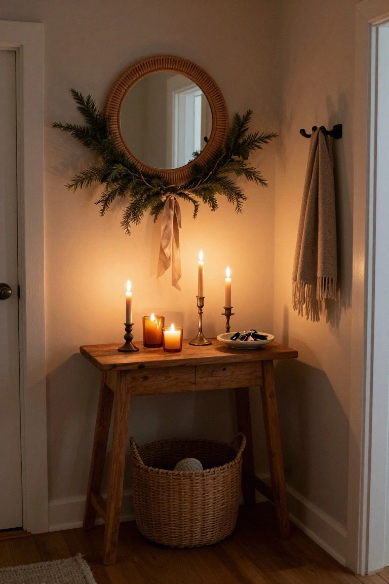Corner of an indoor room with a rattan mirror framed in evergreen garland and satin ribbon above a wooden console table holding lit taper candles in brass holders, glass votives, and a white dish with keys, plus a wicker basket on the floor.