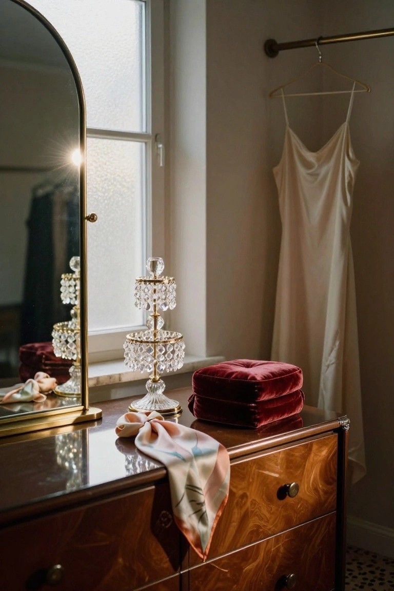 Gold arched mirror atop wooden dresser holding tiered crystal candelabra, red velvet box, pink ballet slippers, and multicolored silk scarf, with white slip dress hanging on rod beside frosted window in bedroom.