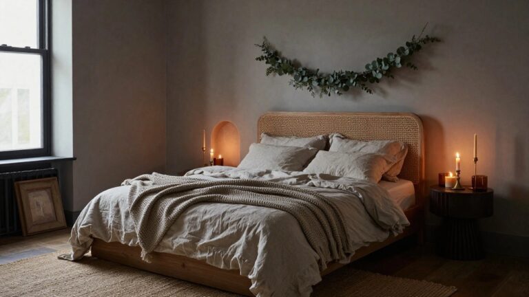 21 Romantic Christmas Decor Ideas That Glow Softly by Candlelight Cozy bedroom corner featuring a rattan headboard draped with eucalyptus leaves, white rumpled sheets and pillows on the bed, a drum-shaped wood nightstand holding a candelabra with lit taper candles, additional pillar candles in glass holders on the floor and nearby shelves, a framed picture on the wall, and a dark window showing trees outside.