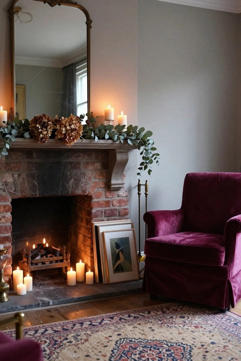 Brick fireplace with carved mantel holding dried hydrangeas, eucalyptus garland, candles, and framed art, next to a purple velvet armchair on a patterned rug in a softly lit room.