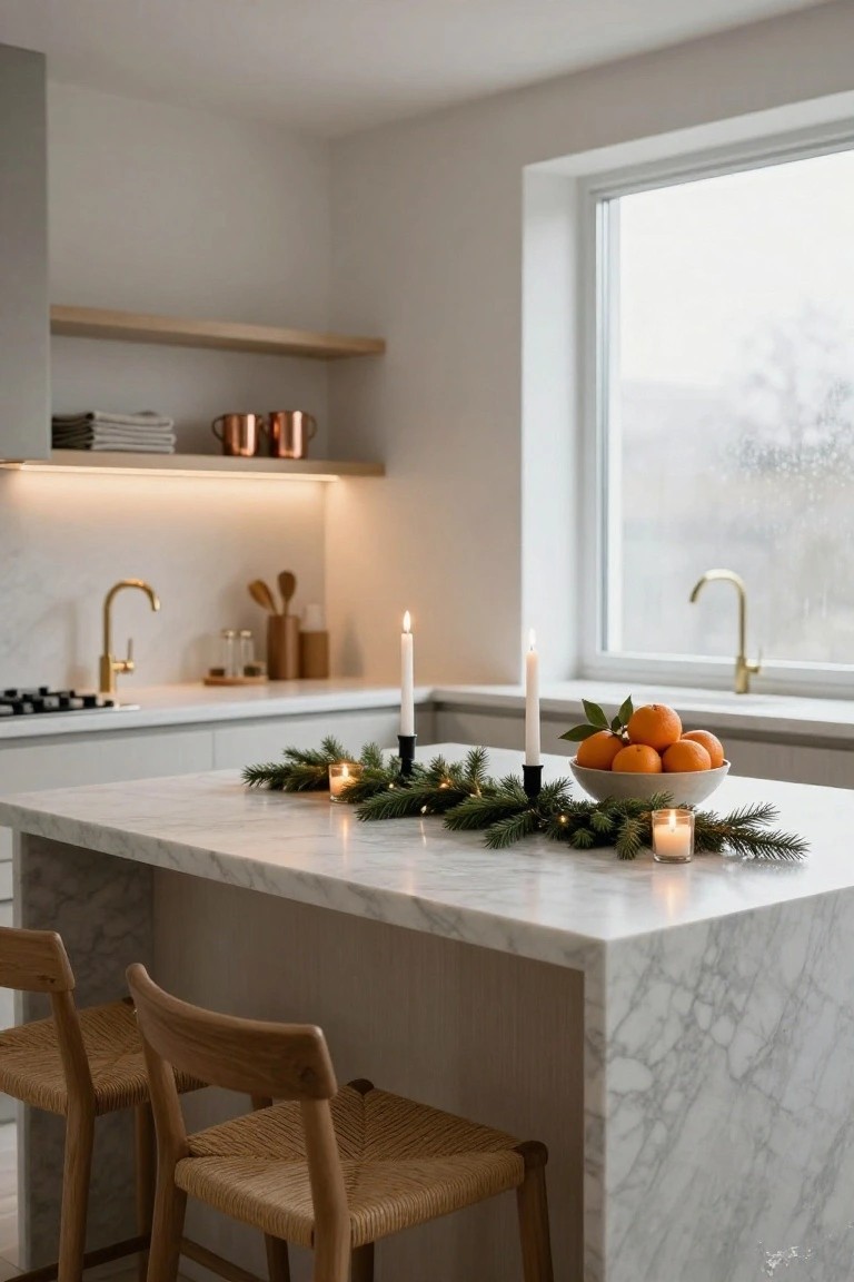 Modern white kitchen with marble island bar decorated for Christmas using fir branch garland, multiple white candles, and bowl of oranges, wooden stools at the end, large window, and sink visible.