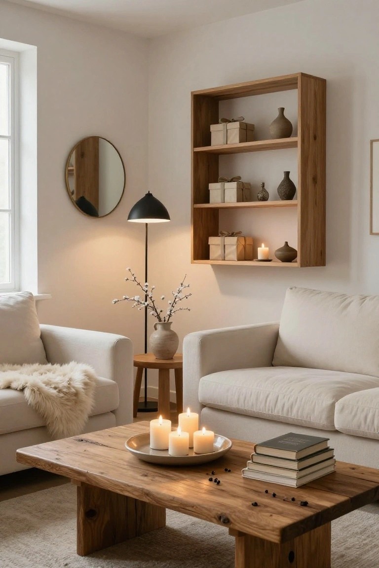 Living room corner with two cream upholstered sofas around a low rustic wooden coffee table holding a plate of lit white pillar candles, stacked books, and scattered berries, plus wooden shelves with pottery and boxes, a black floor lamp, and potted branches.