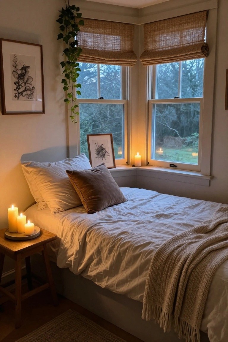 Corner bedroom with bed draped in white linens and pillows, wooden stool holding multiple lit candles on a plate, single candle on windowsill, hanging ivy plant, framed line drawings on walls, and bamboo shades over double windows showing wooded view at dusk.