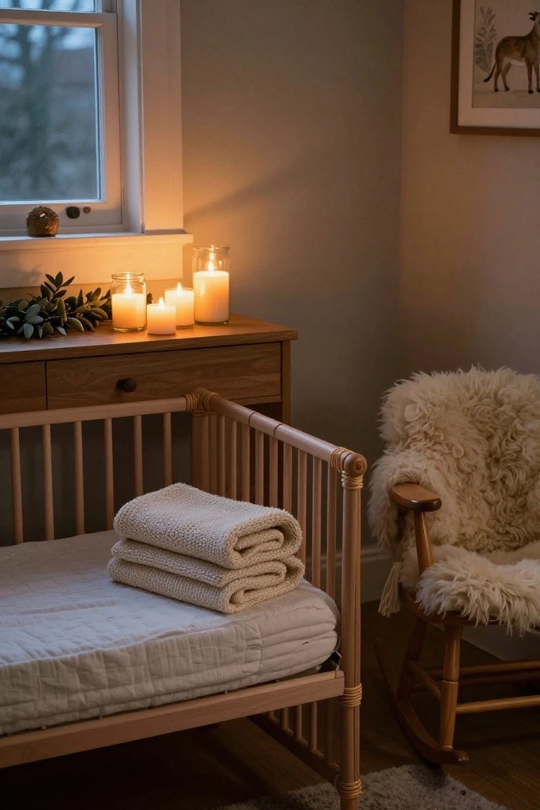 Cozy nursery with a wooden crib, folded blankets, candles, and a rocking chair.
