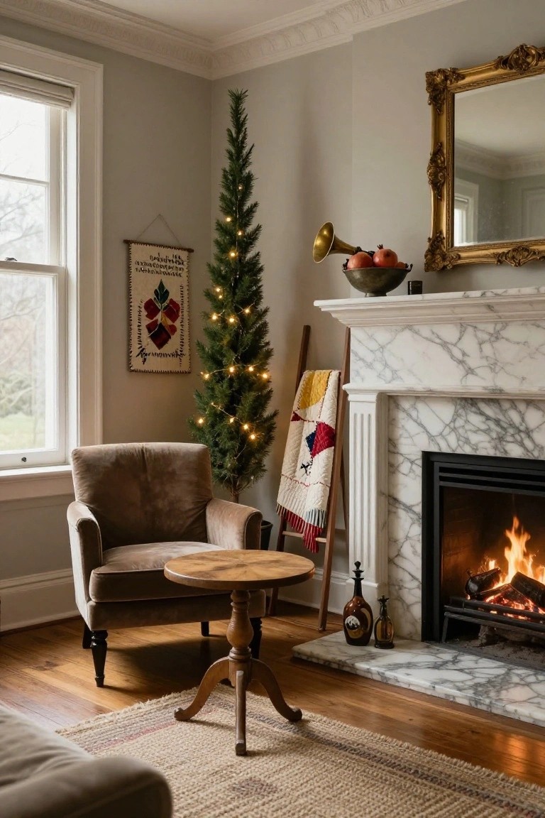 Living room corner featuring a slender lit Christmas tree next to a white marble fireplace with a burning fire, brown armchair, wooden side table, ladder with quilt, and warm lighting.