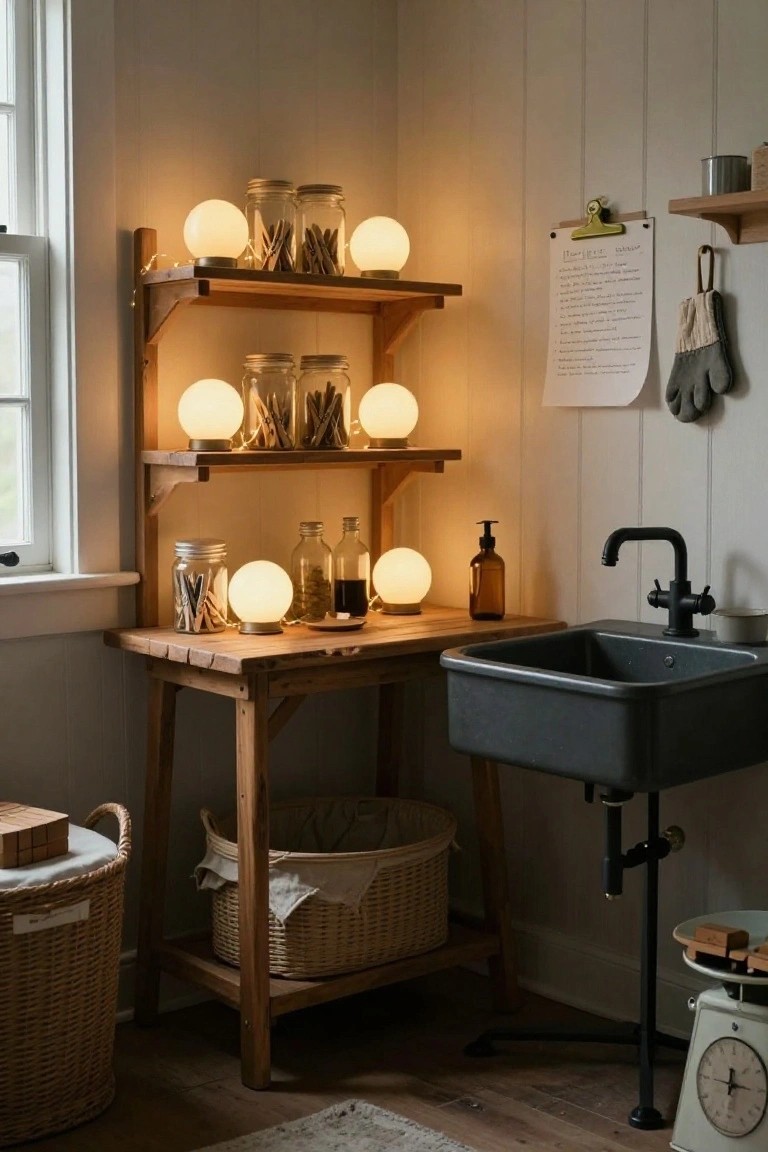 Wooden shelving unit with glowing orb lamps in jars, wooden sink table, black faucet, woven baskets, and scale in a light gray interior corner.