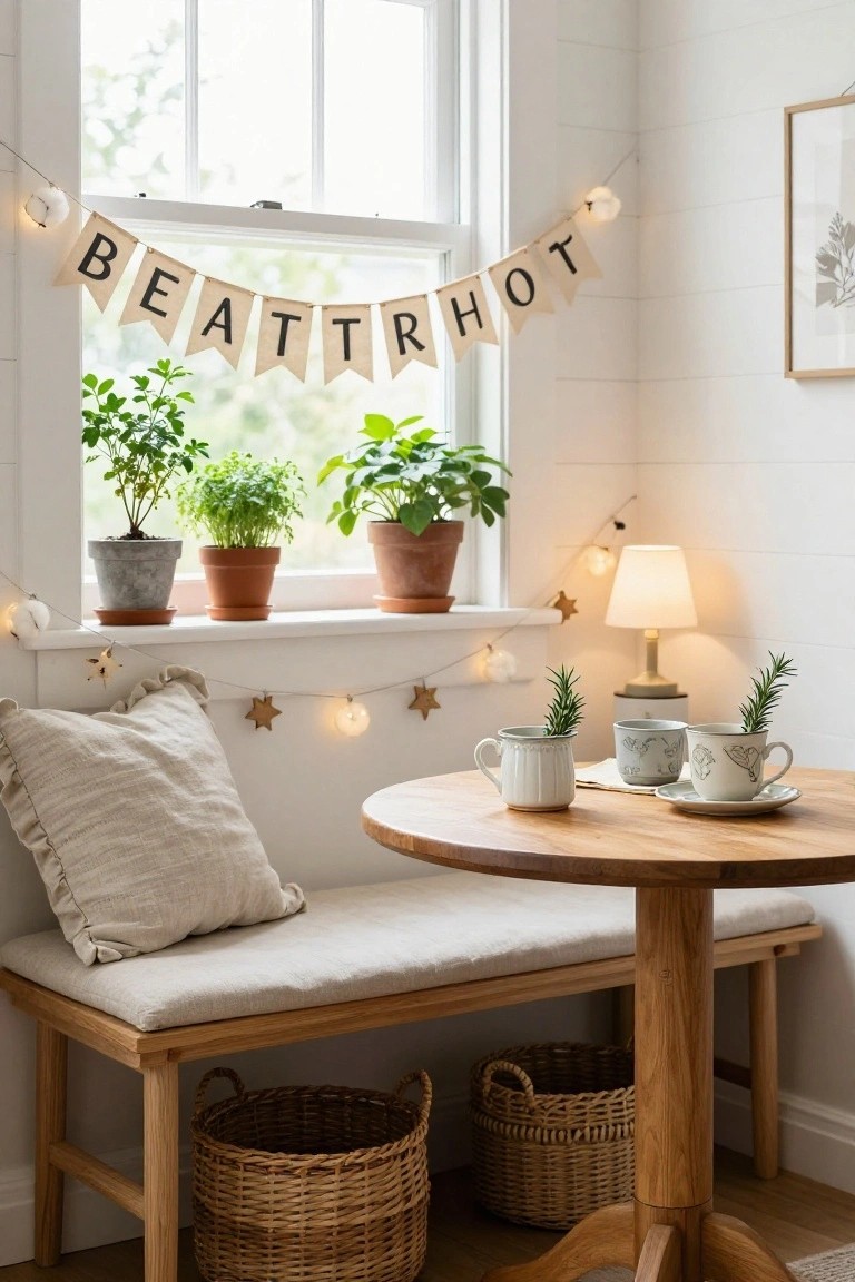 White interior corner with large window, potted herbs on sill, beige bunting banner and string lights overhead, wooden round table with teacups and rosemary sprigs, cushioned bench, lamp, and wicker baskets below.