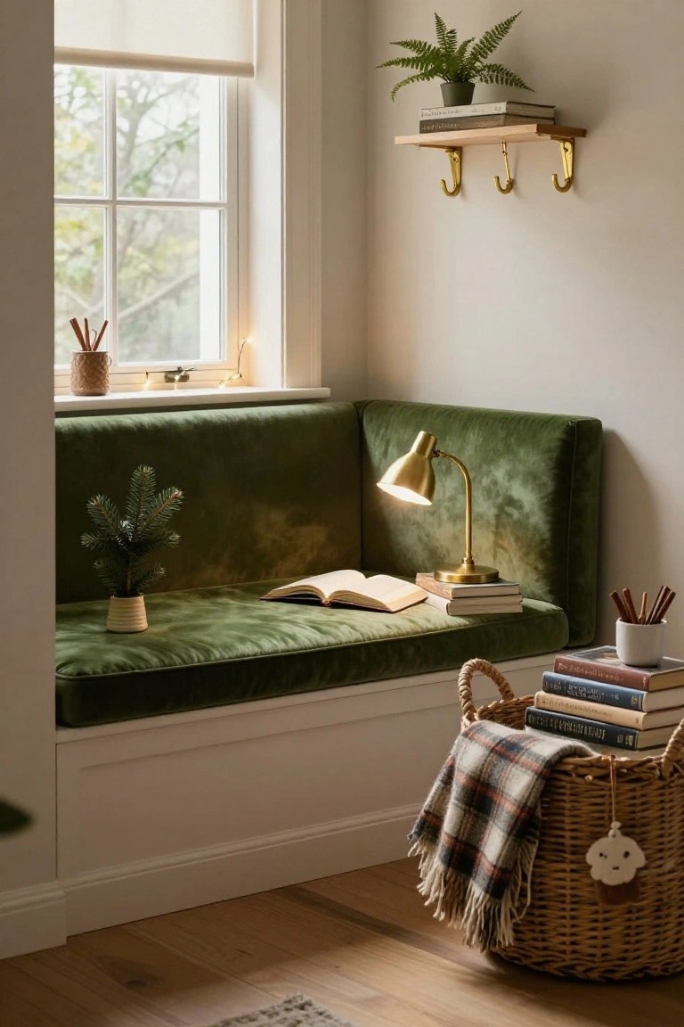 Indoor corner with green velvet window seat bench holding an open book, brass desk lamp, mini potted fir tree, stacks of books, basket of plaid blanket, potted plants, cinnamon sticks in pots, and sheer blind over multi-paned window.