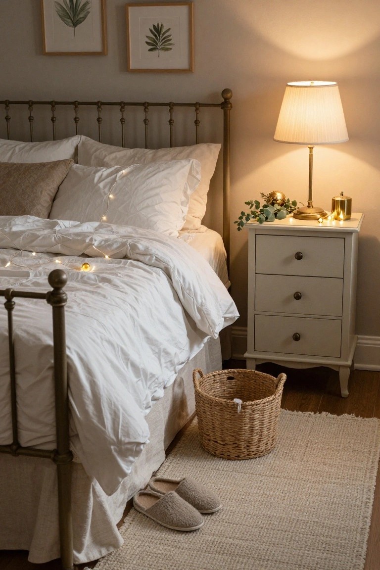Cozy bedroom with brass bed frame, white duvet and pillows draped in fairy lights, nightstand holding lamp, gold candle holder, eucalyptus, gold bauble, wicker basket on floor, and slippers beside a seagrass rug.