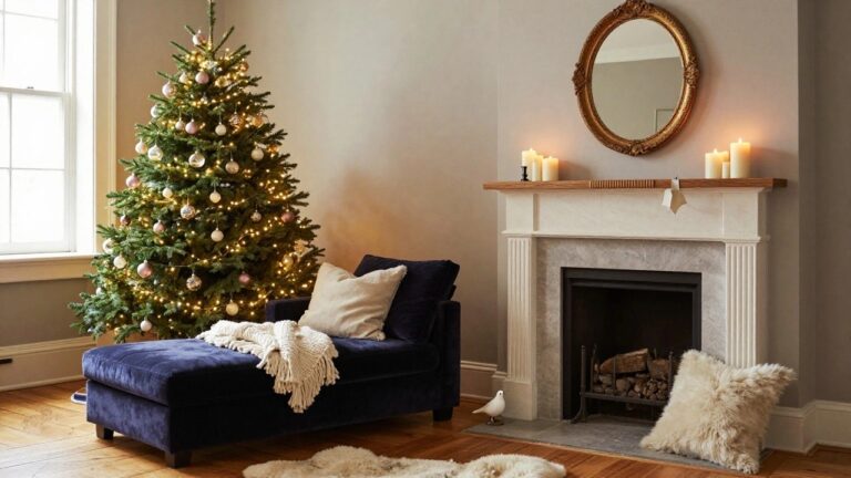21 Romantic Christmas Tree Ideas That Glow With Love and Light Living room interior with a lit Christmas tree decorated in pink and gold ornaments next to a purple velvet chaise lounge in front of a marble fireplace, candles on the wooden mantel, white throw blanket on the chaise, and sheepskin rug on hardwood floor.
