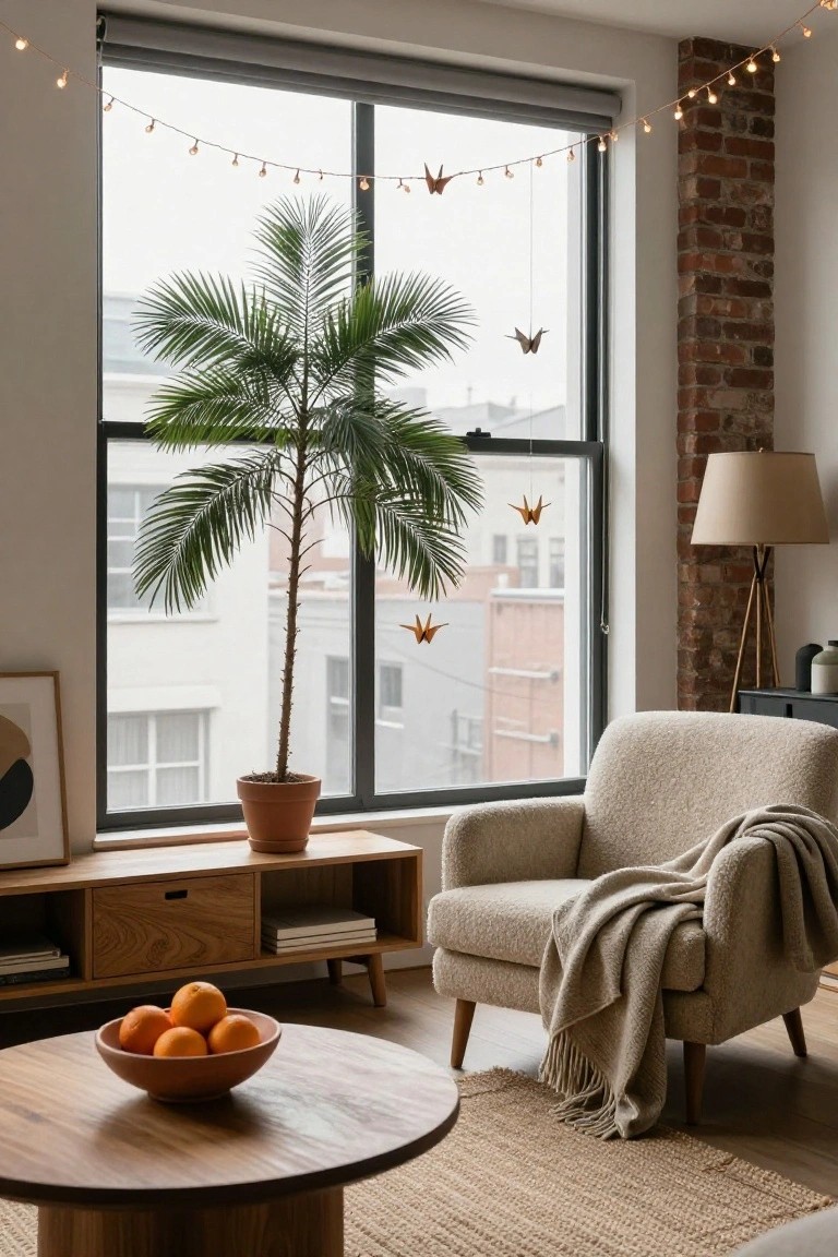 Cozy living room corner featuring a large potted palm tree next to a window with string lights and hanging origami cranes, a beige armchair with throw blanket, wooden TV stand and coffee table with bowl of oranges, exposed brick wall, and floor rug.