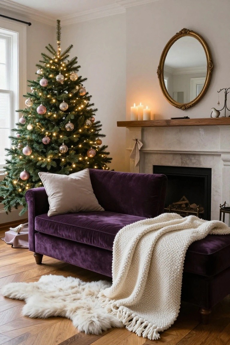 Living room interior with a lit Christmas tree decorated in pink and gold ornaments next to a purple velvet chaise lounge in front of a marble fireplace, candles on the wooden mantel, white throw blanket on the chaise, and sheepskin rug on hardwood floor.