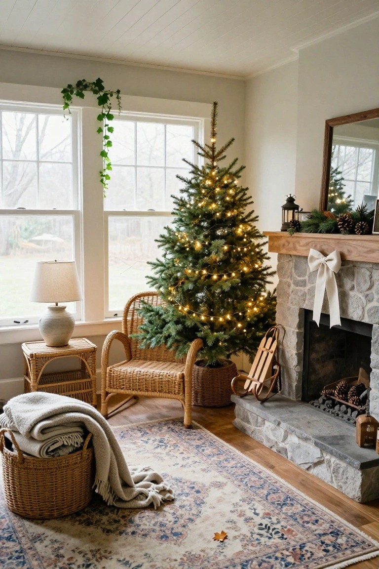 A small lit Christmas tree stands in the corner of a light living room next to a stone fireplace with a big white bow, rattan chair and side table, woven baskets with blankets, and ivy on large windows.