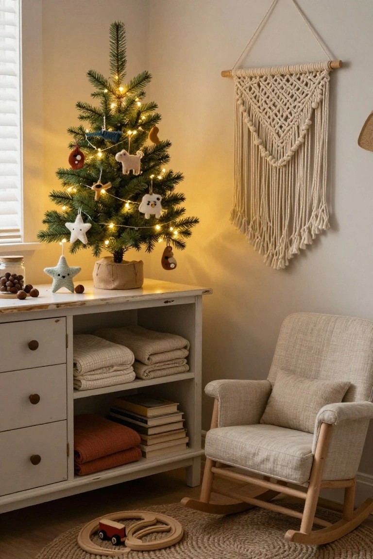 Small lit Christmas tree with felt animal and star ornaments on a white wooden dresser in a beige nursery room featuring stacked linens, a rocking chair, and a macrame wall hanging.