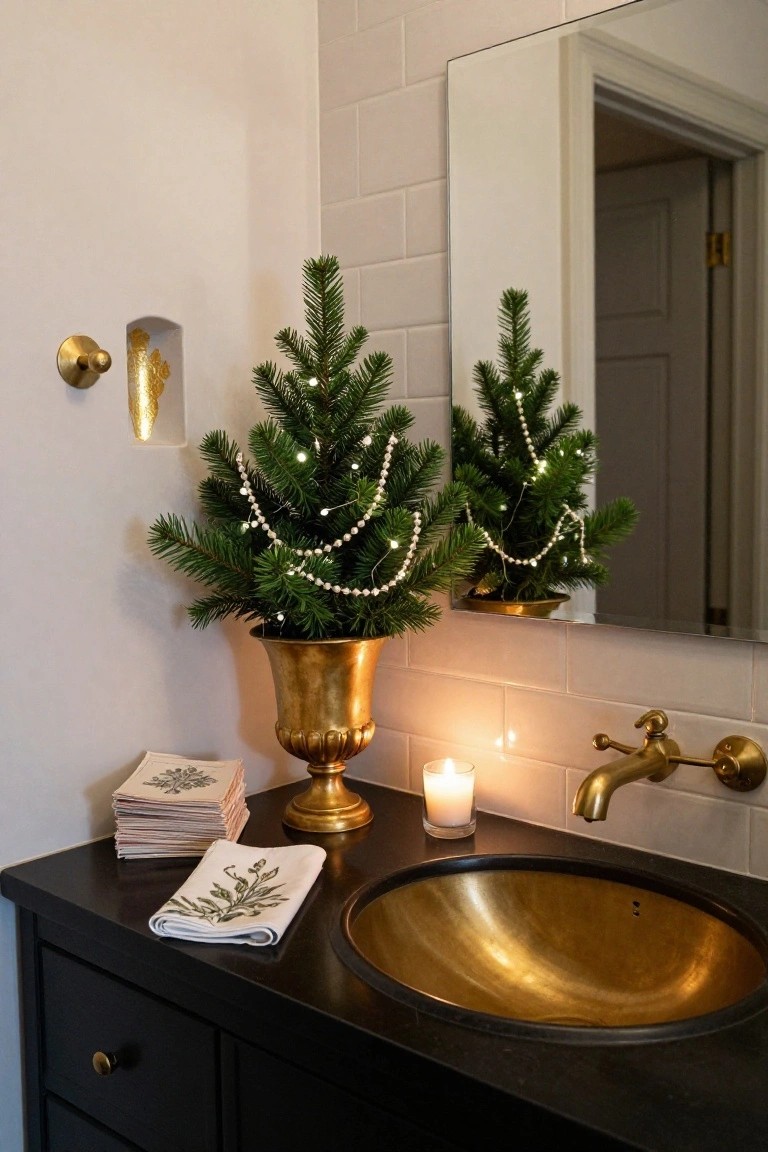 Bathroom vanity with black countertop and gold sink, flanked by two small lit Christmas trees with pearl garlands in gold pots, white subway tile walls, gold faucet, and candles nearby.