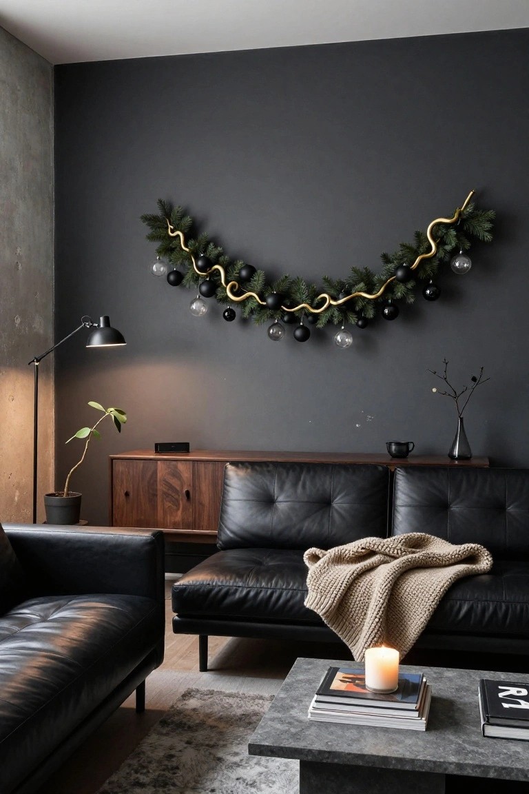 Modern living room interior with dark gray walls, black leather sofas, wooden credenza, curved Christmas garland of greenery with black and clear glass ornaments and gold branch accents, floor lamp, potted plant, books, and candle on coffee table.