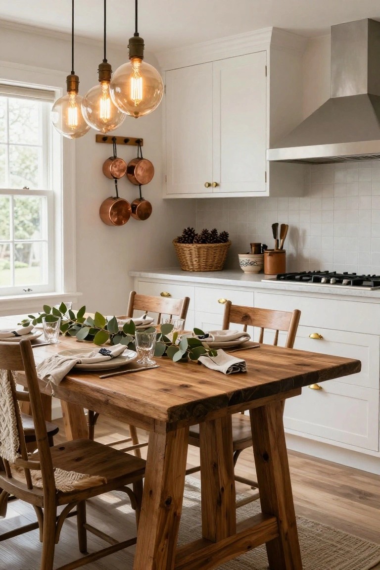 Cozy dining area with a wooden table, chairs, greenery, and industrial pendant lights.