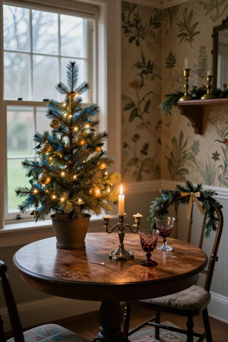 Small potted blue Christmas tree with white lights and gold ornaments next to a round wooden table holding a brass candelabrum with lit candles and two red wine glasses in a room with floral wallpaper and a window.