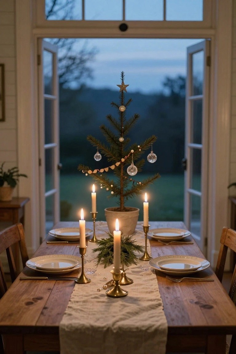 Small potted Christmas tree with glass ball ornaments and garland on a wooden dining table set with white plates, lit brass candlesticks, and linen runner, viewed through open white French doors to a rural twilight landscape.