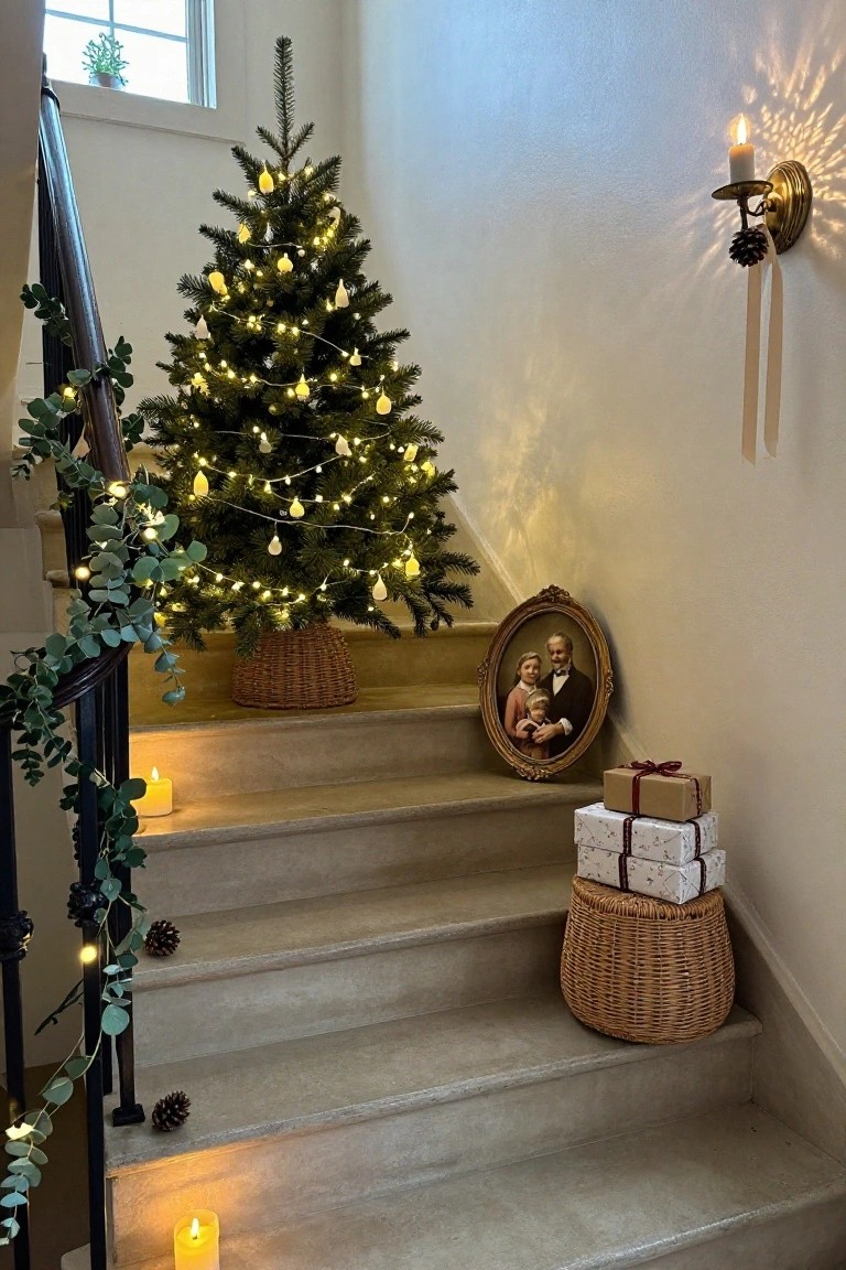 Small lit Christmas tree with white fairy lights and eucalyptus garlands at the base of a light stone staircase, with candles on steps, wrapped gifts on a wicker basket, pinecones, and an ornate oval portrait frame nearby.
