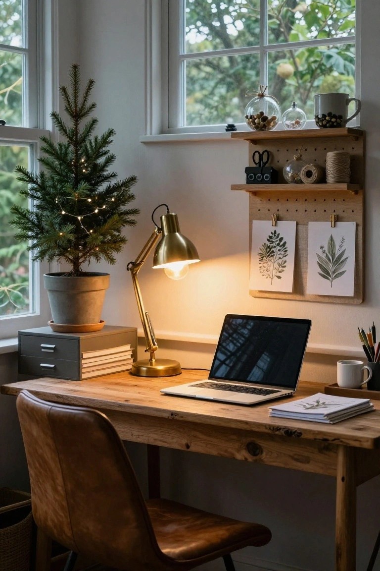 Cozy workspace featuring a wooden desk, laptop, desk lamp, potted tree, and decorative plants.
