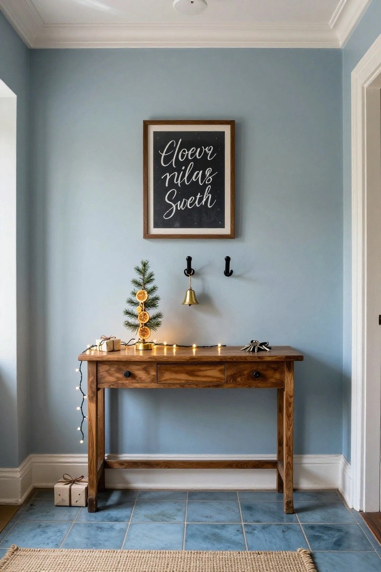 Blue-walled entryway with wooden console table holding small pine tree decorated with dried orange slices, wrapped gifts, fairy lights, and keys; framed blackboard sign above reading "Glögg Nils Sveth"; coat hooks, bell, and blue tiled floor.